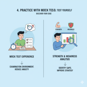 An illustration titled "4. PRACTICE WITH MOCK TESTS: TEST YOURSELF. DISCOVER YOUR EDGE." It is divided into two sections. The left section shows a person taking a timed mock test, with a stopwatch and a checklist on the paper, and a thought bubble containing a clock and question mark. This section is labeled "MOCK TEST EXPERIENCE" with a subheading "EXAMINATION ENVIRONMENT. REDUCE ANXIETY." The right section shows a person analyzing a bar graph with a magnifying glass, and icons representing a bicep for "STRENGTH" and a broken shield for "WEAKNESS." This section is labeled "STRENGTH & WEAKNESS ANALYSIS" with a subheading "IDENTIFY GAPS. IMPROVE STRATEGY."