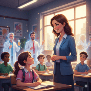 A teacher inspires a student, with subtle background imagery of future leaders emerging, symbolizing the mentorship of future leaders.