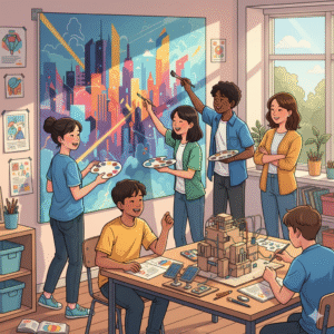 Diverse secondary students actively collaborating on a group project in a classroom, demonstrating strong community values and teamwork.