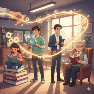 An individual depicted at various life stages, from youth to old age, engaged in learning with books and tablets, symbolizing lifelong learning supported by teachers.
