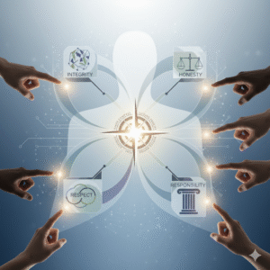 Illustration of an abstract compass guiding personal values like honesty and respect.