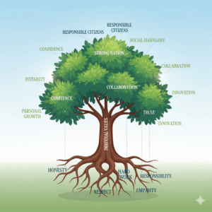 A tree illustrating values as roots leading to a strong society and responsible citizens.