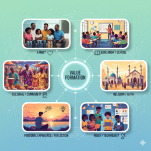 Collage showing various sources of value formation: family, school, culture, religion, experience, and media.