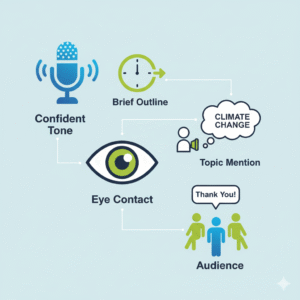 An infographic illustrating components of a strong debate greeting: confident tone, eye contact, topic mention, and audience acknowledgment.