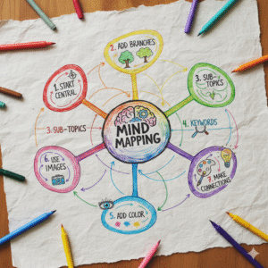A completed mind map on a piece of paper showing the 7 steps to mind mapping, with a central idea and colorful branches.