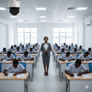 A secure and modern exam hall with a CCTV camera and a vigilant invigilator, representing methods to prevent exam malpractice.