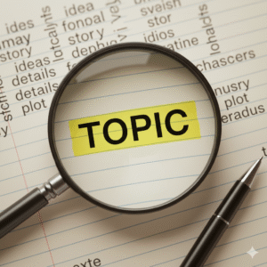 A magnifying glass highlighting the word 'TOPIC' on a page, illustrating the need for a clear and focused subject in an essay