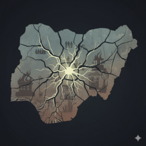 A shattered map of Nigeria with radiating cracks, symbolizing how cultism fragments the nation and creates widespread problems.