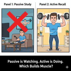 An illustration comparing passive study (watching someone lift weights) to active recall (actually lifting the weights) to show how active recall builds memory