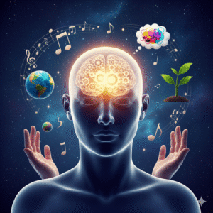 A conceptual image of a head surrounded by symbols of growth, creativity, and knowledge, representing personal growth and mental freedom through education.