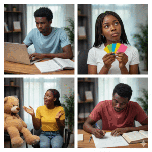 A collage showing four examples of active recall: doing practice questions, using flashcards, teaching a friend, and blurting out information