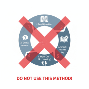 An illustration of the 'fake studying' loop, showing the wrong way to study past questions: Guess, Check, and Move On without understanding