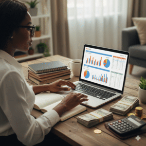 A person managing finances on a laptop, surrounded by books and Naira notes, illustrating how education leads to earning and managing money effectively.