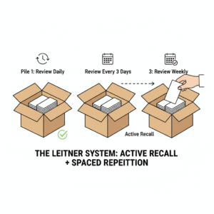 "An illustration of the Leitner System, showing how flashcards are moved into different 'spaced repetition' piles after a successful active recall test