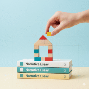 Graphic showing books on 'Narrative Essay' and a small house made of building blocks, representing the structural foundation of essay writing.