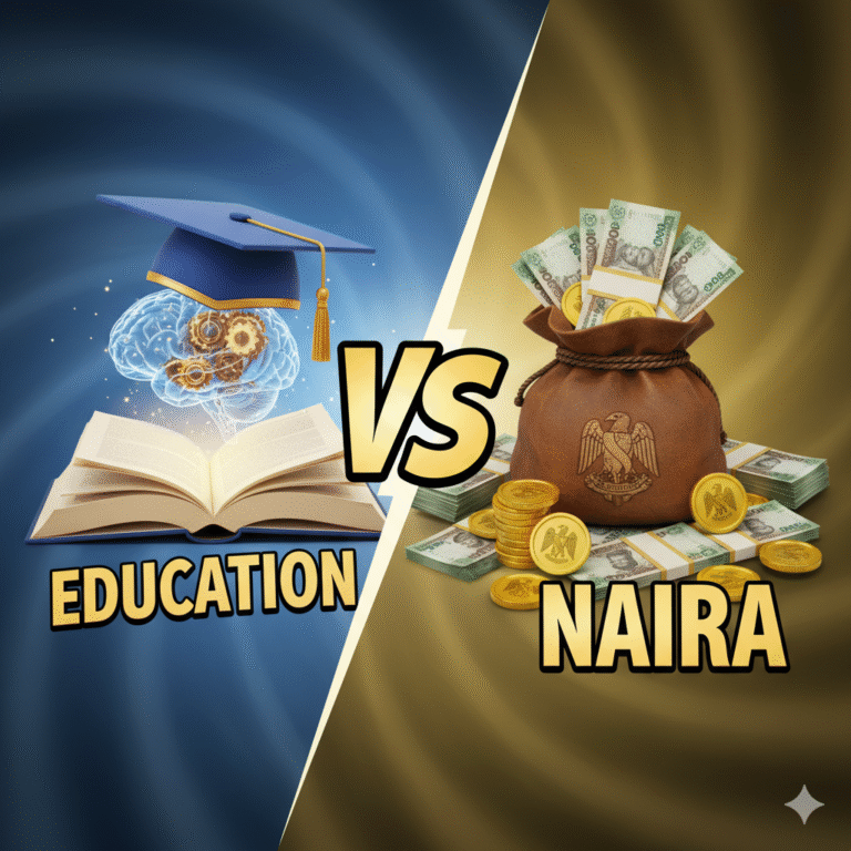 A visual representation of a debate between education (symbolized by books and a graduation cap) and money (symbolized by Naira notes), with education appearing more prominent. education is important than money