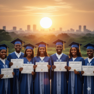 Hopeful Nigerian graduates celebrating their honest success, representing a bright future free from examination malpractice.