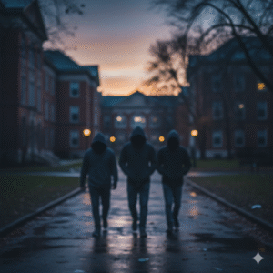 A group of young people in dark hoodies with obscured faces, walking on a campus path, representing the secretive nature of cults.