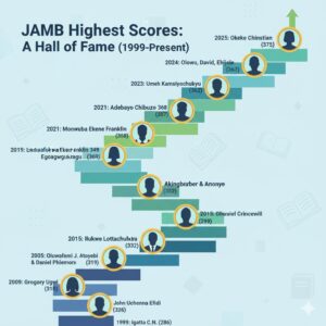 An infographic timeline showcasing the 'Hall of Fame' of Nigeria's highest JAMB scorers from 1999 to the present.